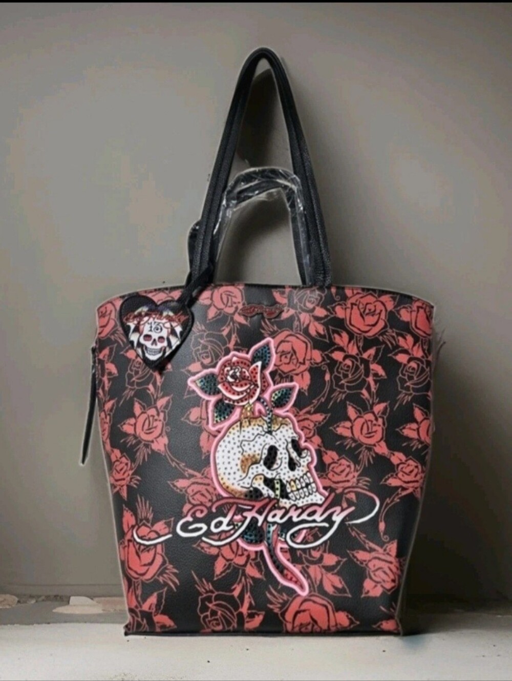 Ed Hardy Skull Rose Tote Bag Black Pink Studded Shoulder Purse Gothic Y2K